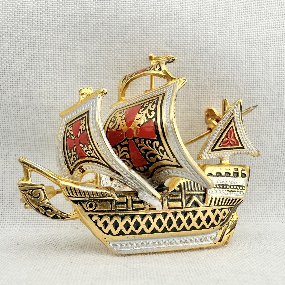Vintage Spanish Ship Brooch Pin Damascene Sailing Galleon Gold Tone Nautical Art
